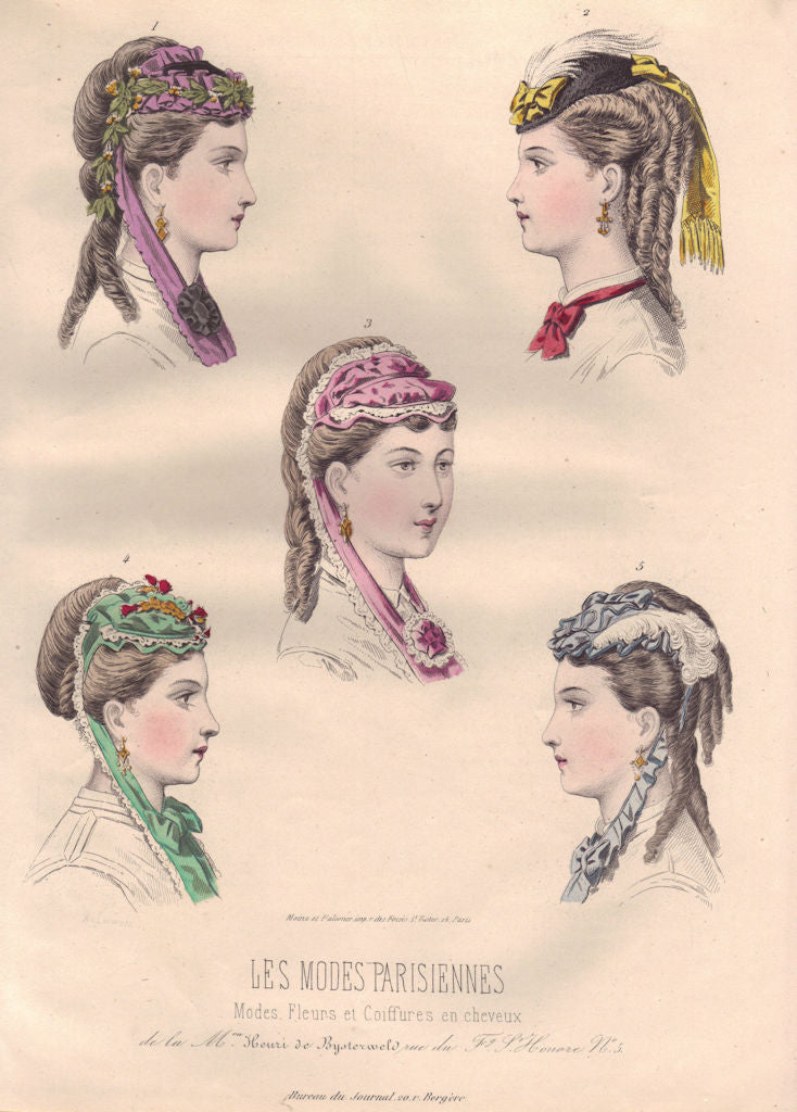FASHION. Parisian ladies hair arrangements 1869 old antique print picture